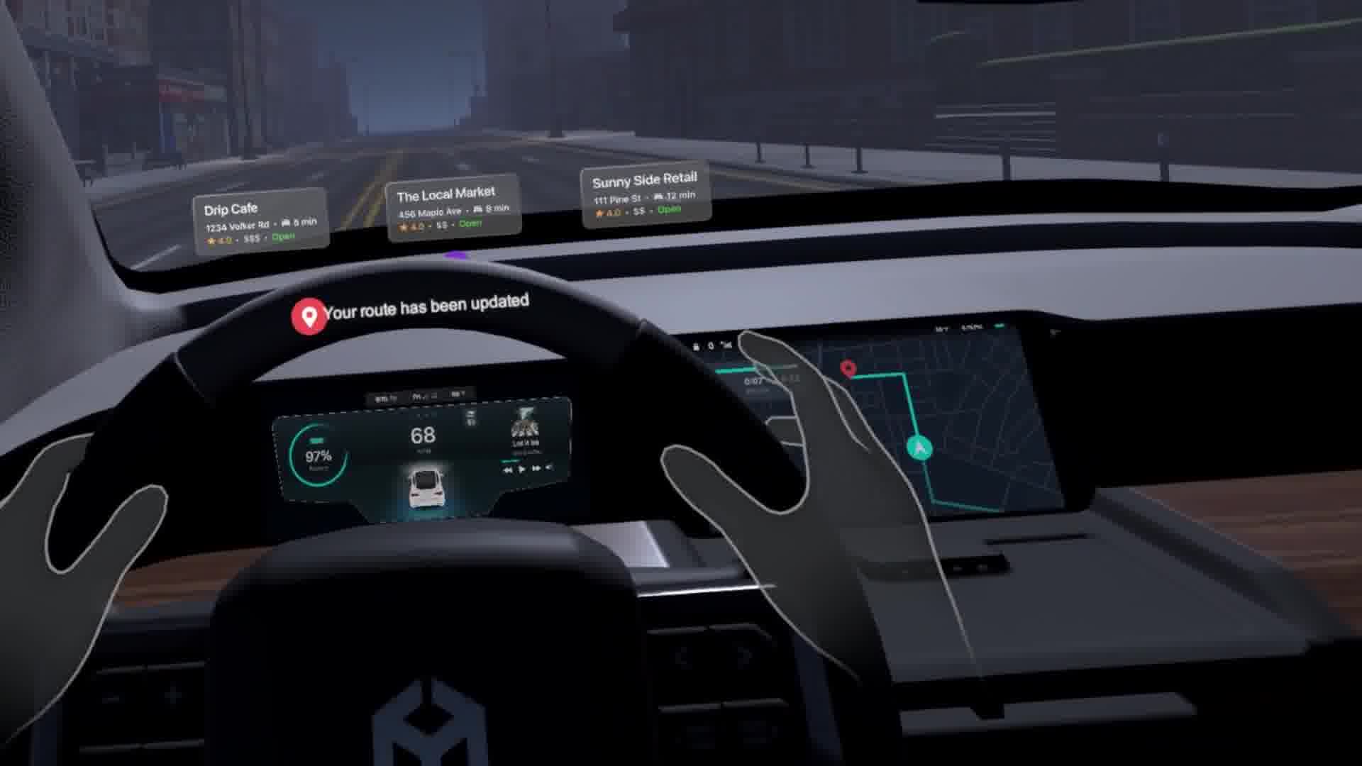 A car dashboard with the steering wheel turned on.