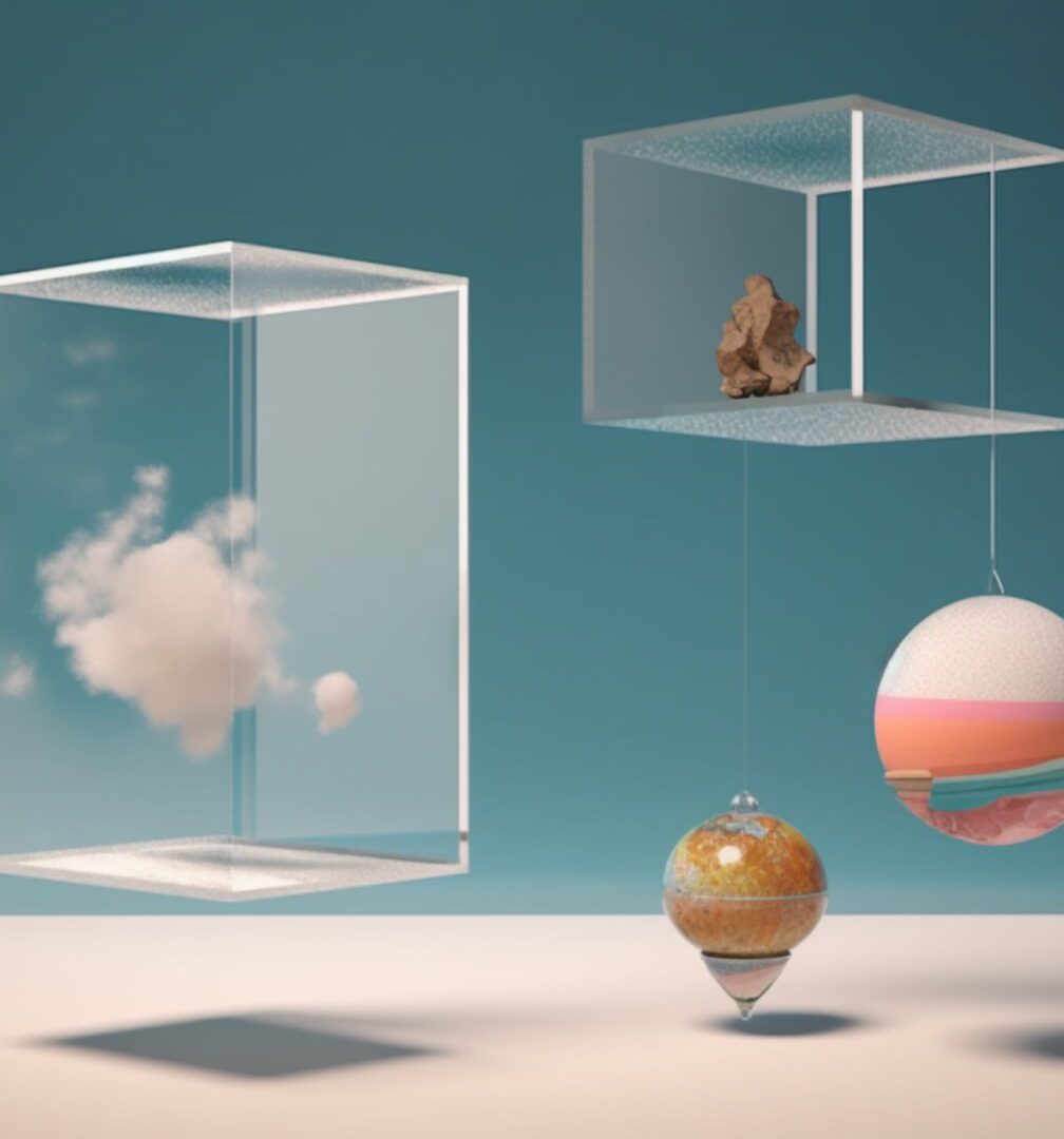A group of three objects floating in the air.